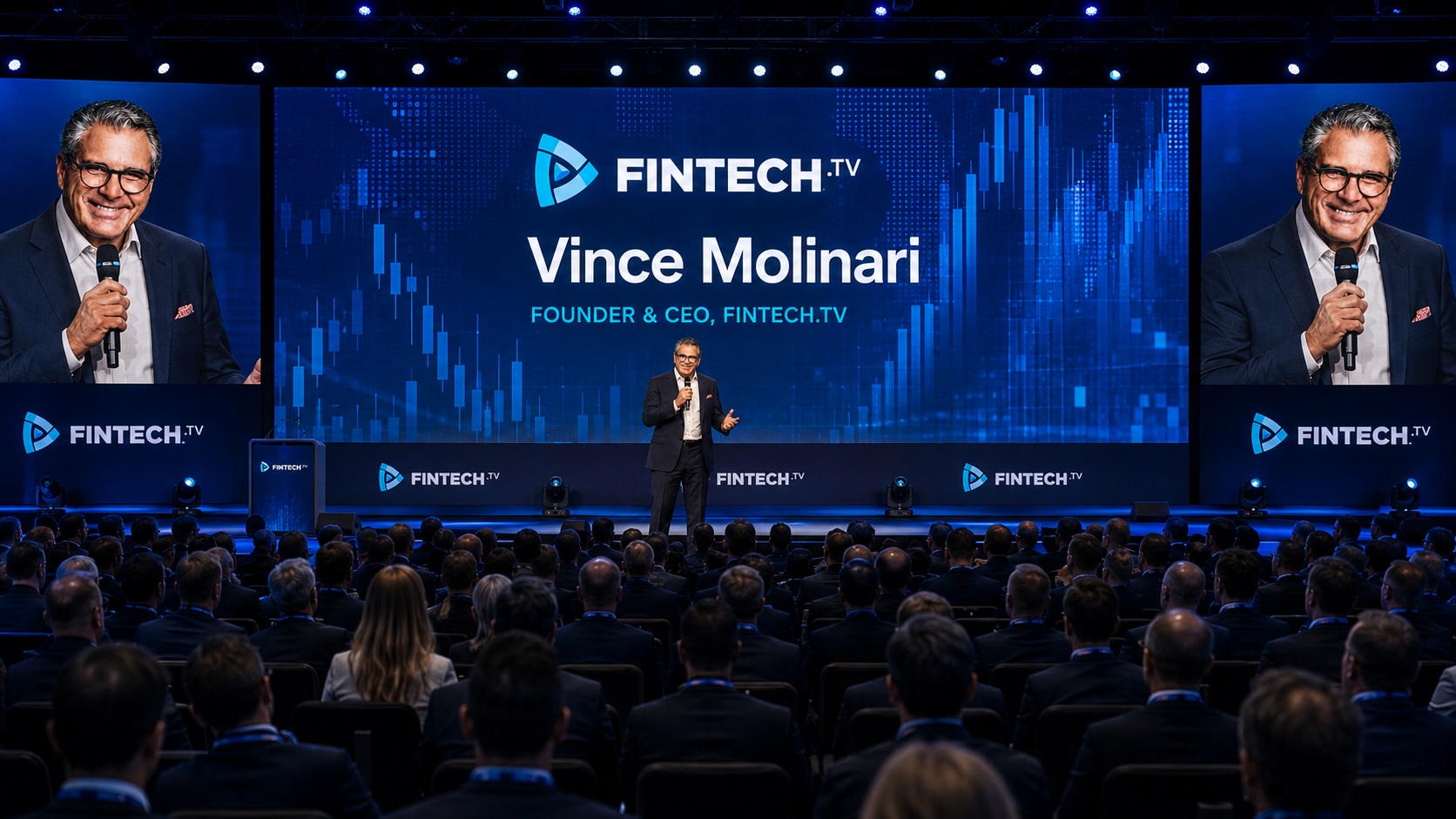 Vince Molinari speaking on stage at a FINTECH.TV broadcast event